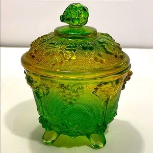 Vintage Jeannette Four Footed Green Grape Leaf and Yellow Glass Candy Dish w Lid